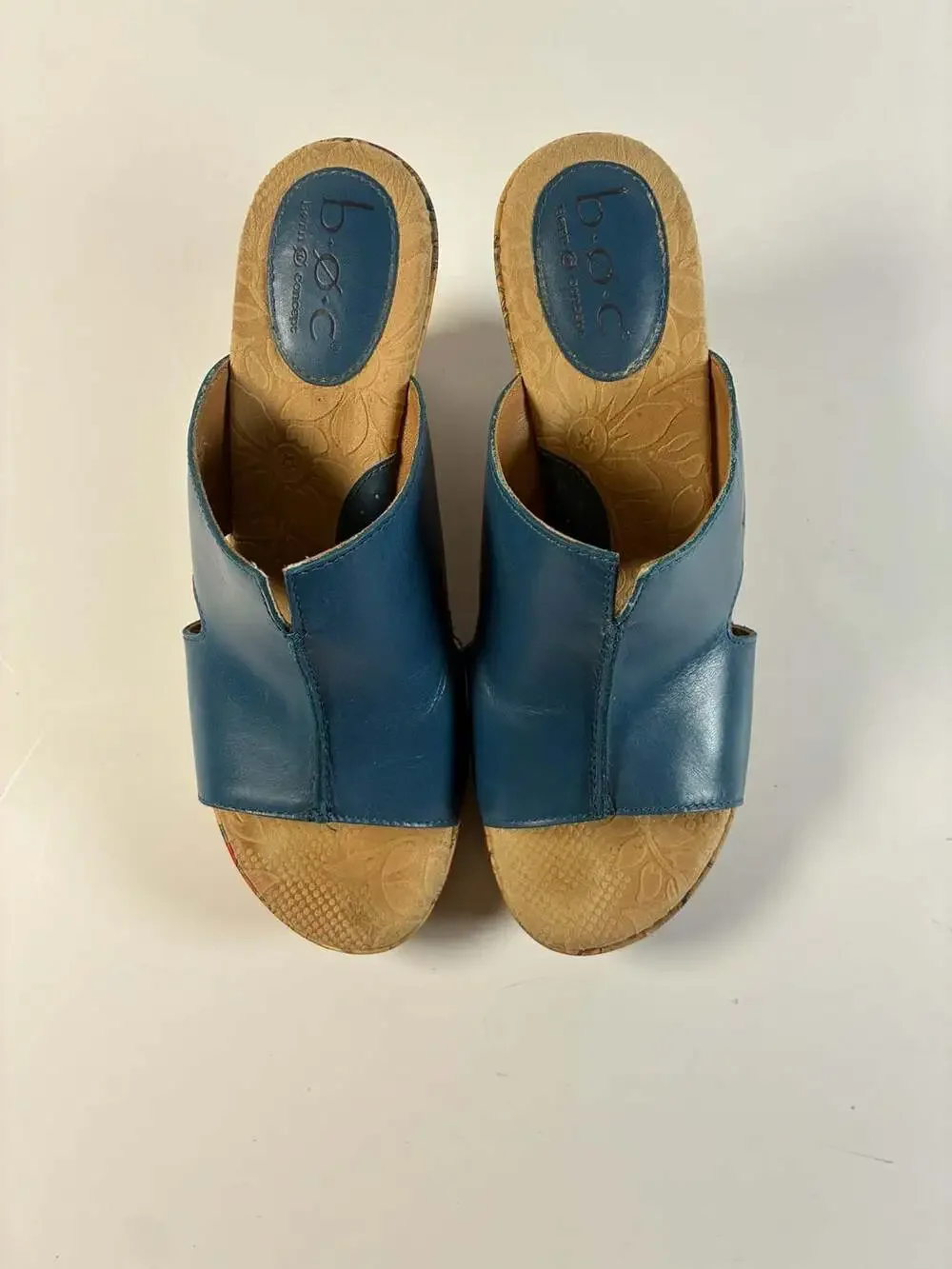 Boho b.o.c. Born Concept Blue Leather Floral Cork Wedge Sandals